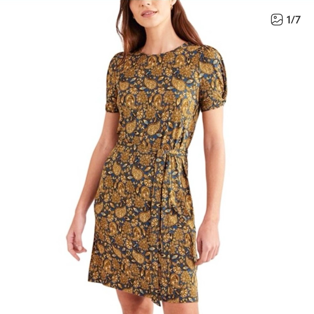 Boden Knot Detail Jersey Dress Harvest Gold Paisley Terrace Sz 4